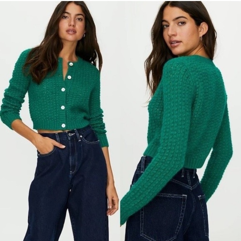 Aritzia Wilfred Free Alpaca Mohair Blend Cropped Knit Fuzzy Cardigan Green Small